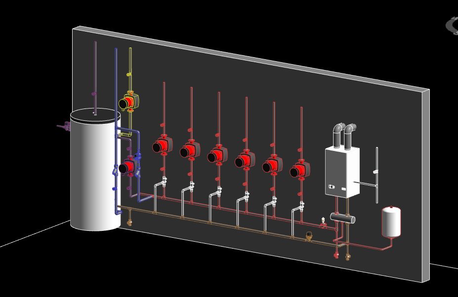 Revit 3D view of the plant room equipment on a panel, with a boiler on the right, six red circulators in a row and a hot water cylinder on the left
