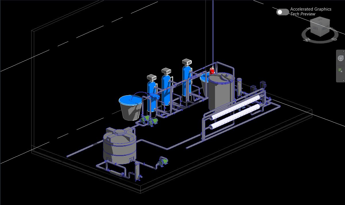 Revit 3D view of a reverse osmosis plant with three blue treatment vessels, storage tanks, pumps and white membrane housings on a slab