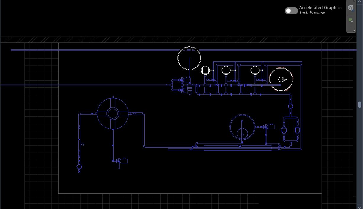 Revit plan view of the reverse osmosis plant with piping in blue and equipment outlines