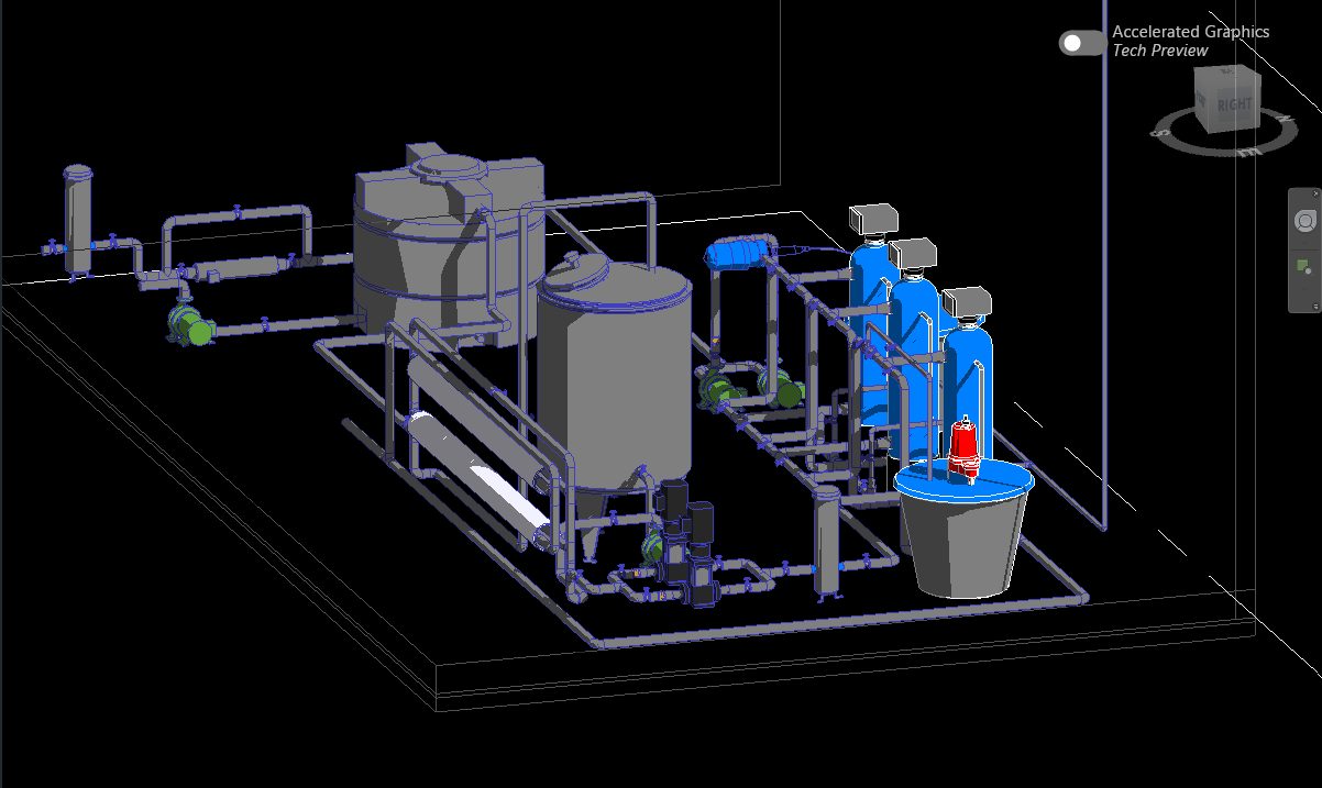 Second Revit 3D angle of the reverse osmosis plant showing the tank, membrane housing, pump set and blue vessels