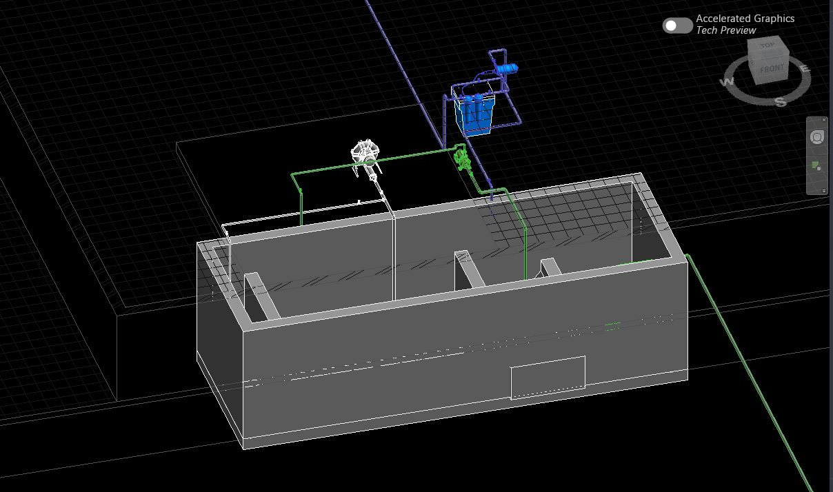 Revit 3D view of the sewage treatment tank exterior with walls, baffles and equipment on the tank edge