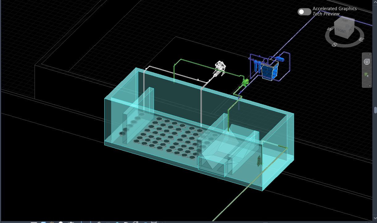 Second transparent Revit 3D angle of the sewage treatment tank with diffusers and piping