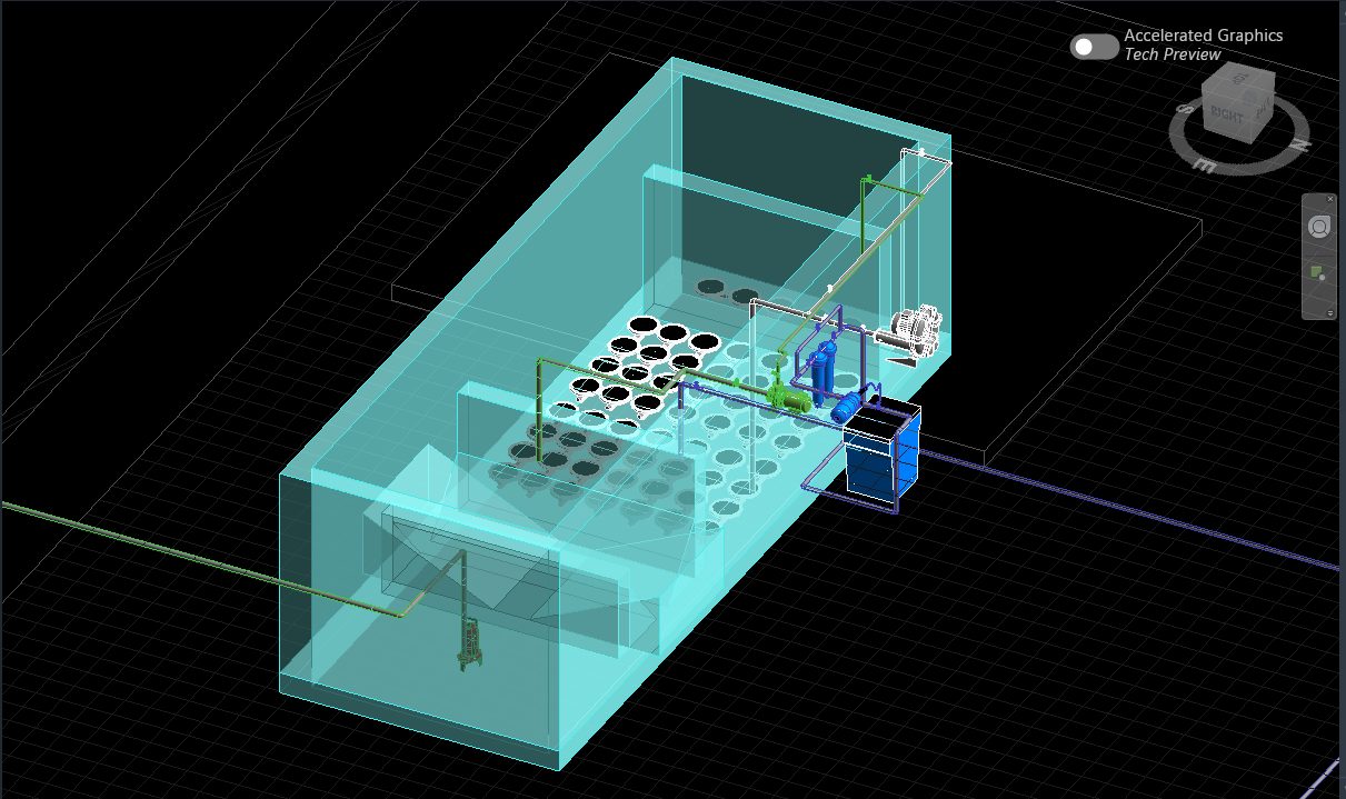 Transparent Revit 3D view of a sewage treatment tank showing the aeration diffuser grid on the tank floor, settling compartment, blower and piping