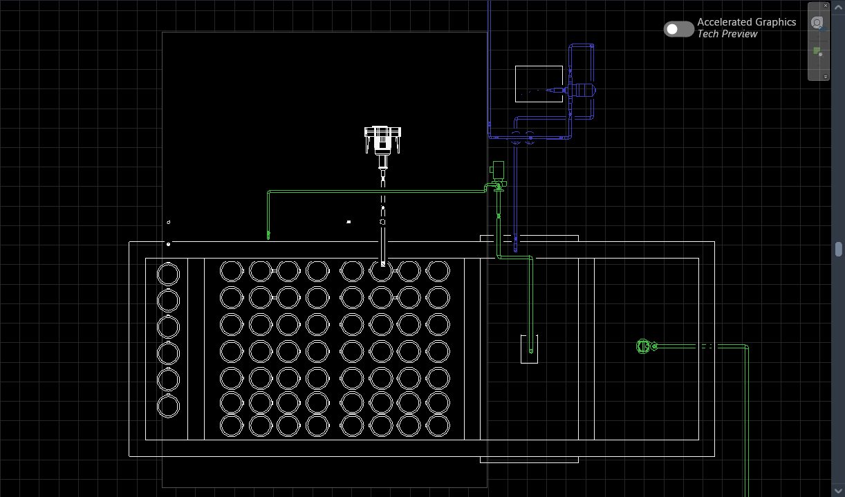 Revit plan view of the sewage treatment tank with rows of circular aeration diffusers and green and blue piping