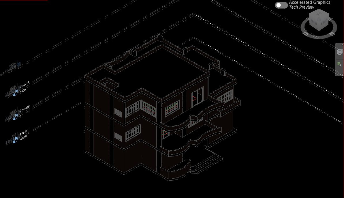 Revit 3D view of the villa host model showing basement, ground and first floor levels