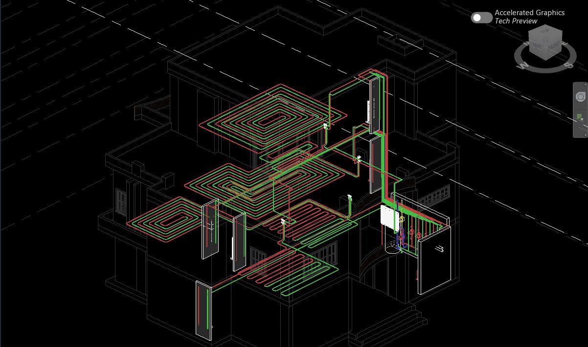 Revit 3D view of a three-level villa with underfloor heating loops in red and green running across each floor, connected to wall-mounted manifolds and a plant room