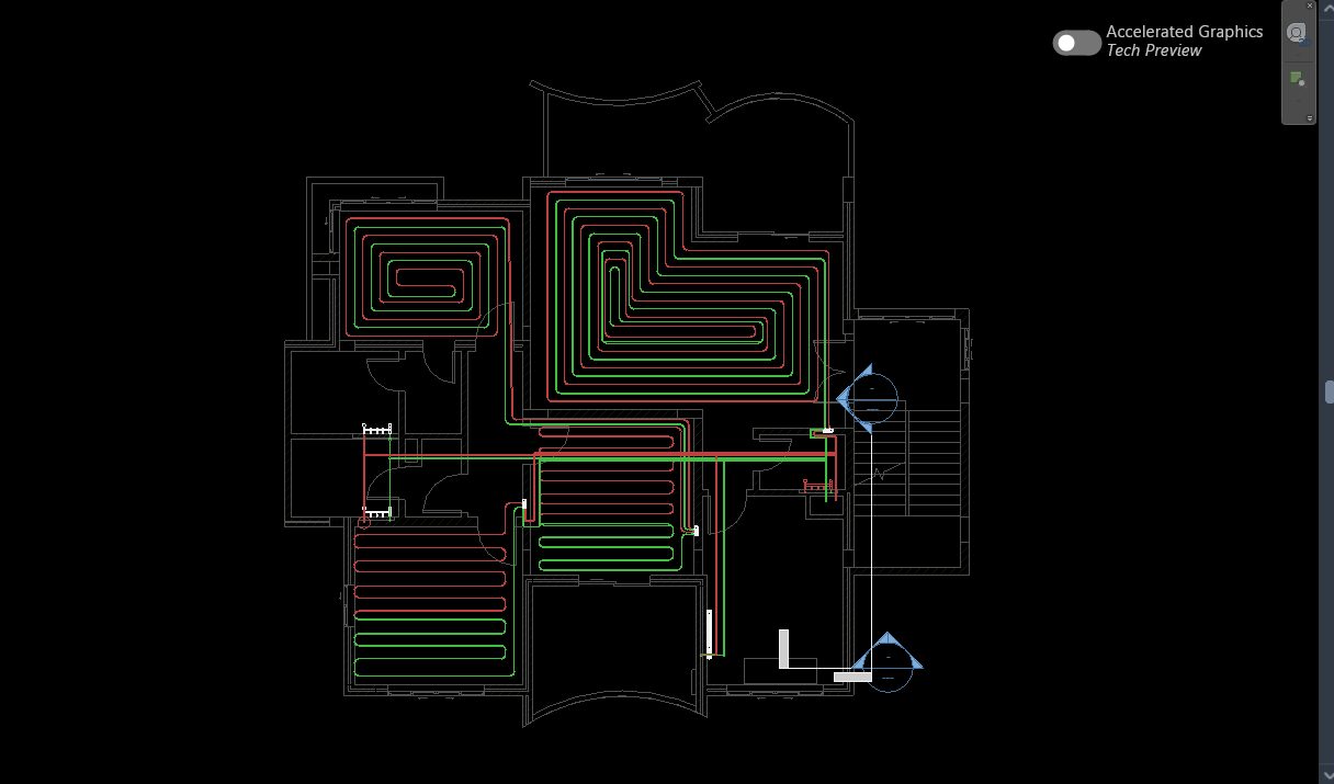 Revit floor plan with underfloor heating loops drawn in red and green inside each room, with manifolds along the corridor