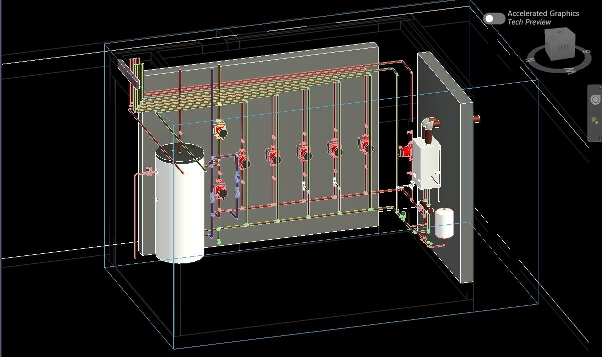 Revit 3D view of the plant room inside the villa basement, with a boiler, cylinder, expansion vessel and a row of circulator pumps on a wall panel